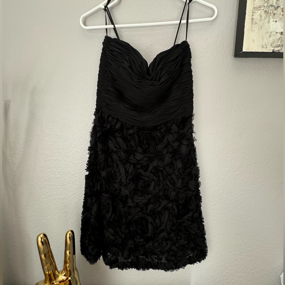JS Boutique Black Strapless Dress W/Raised Rose Detail. Wavy Bodice W Zip. S 8